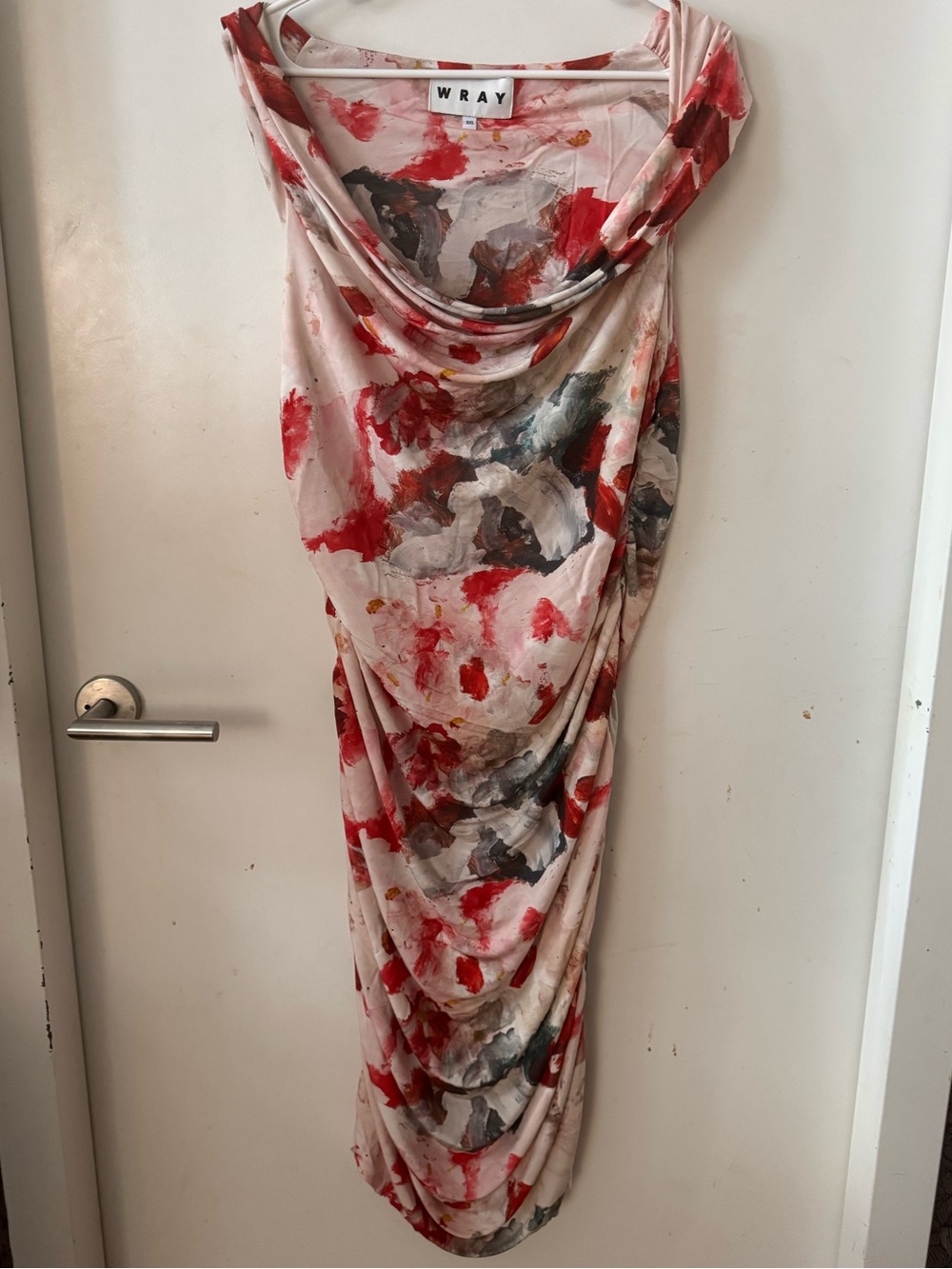 Pink Red Abstract Draped Midi off shoulder Dress